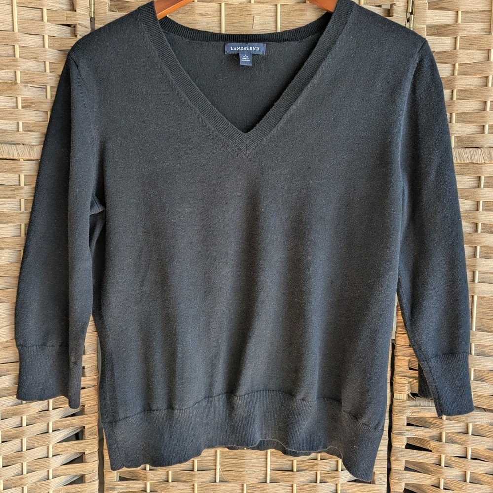 Vtg Lands End Black Silk Cashmere V-Neck Sweater 3/4 Sleeve Womens L Minimalist